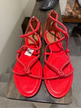Alaia Red Studded Strappy Flat Sandals